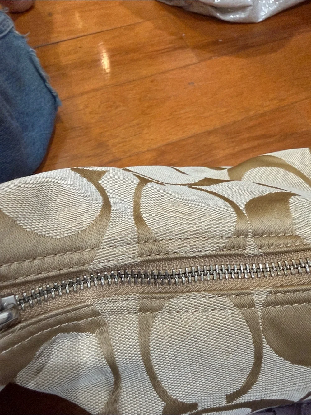Coach Beige Signature Shoulder Bag with Lavender Trim